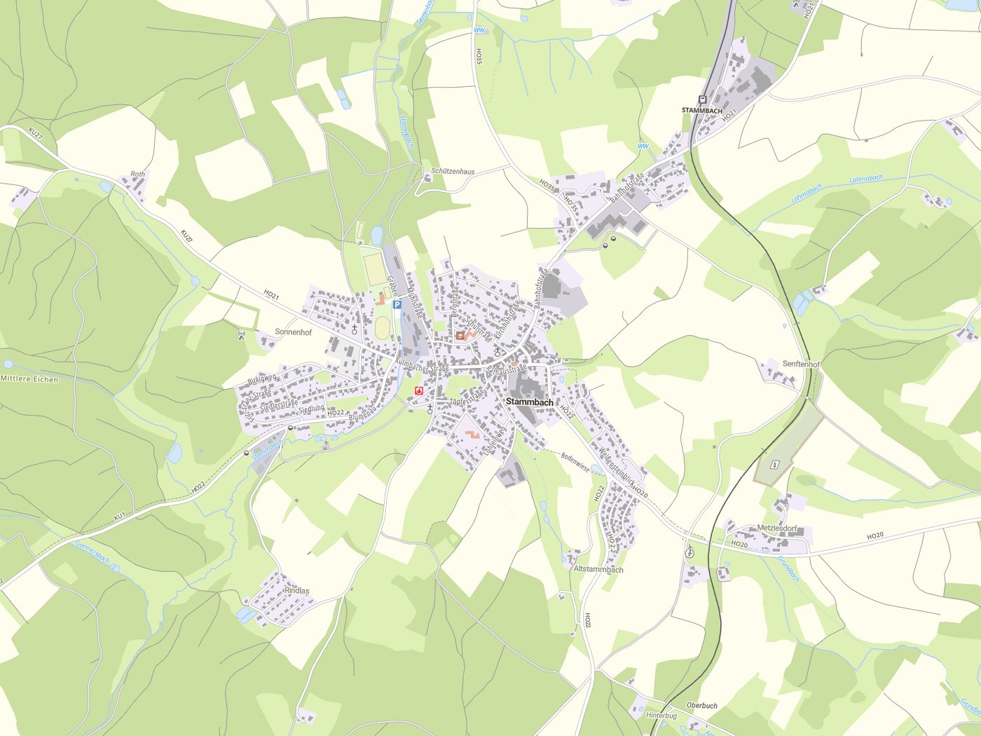 Kartenausschnitt Stammbach mit Gewässern