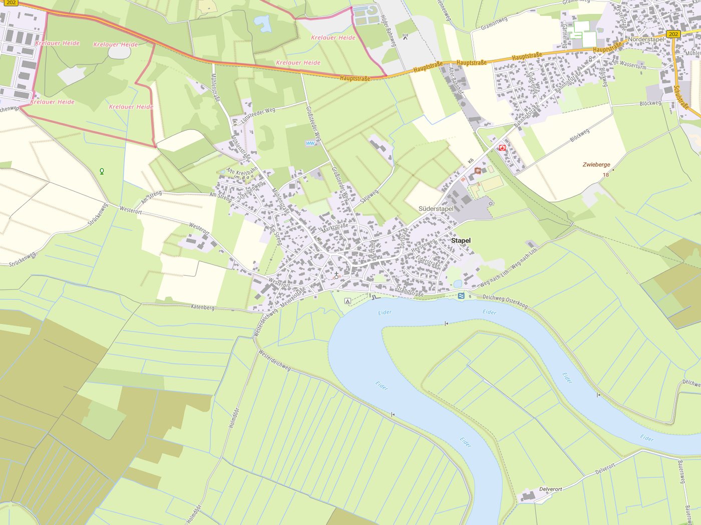 Kartenausschnitt Stapel mit Gewässern