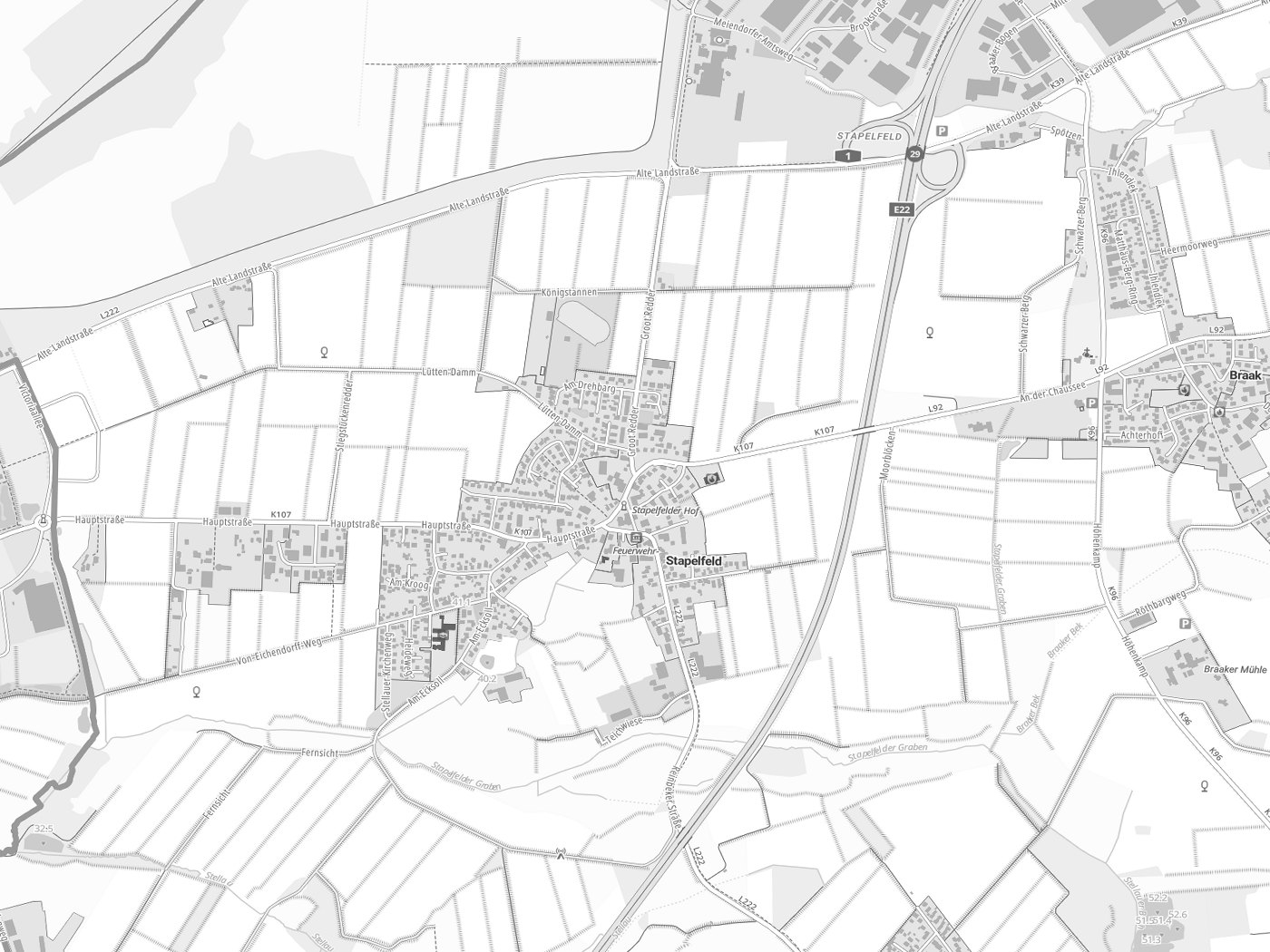 Kartenausschnitt Stapelfeld mit Gewässern
