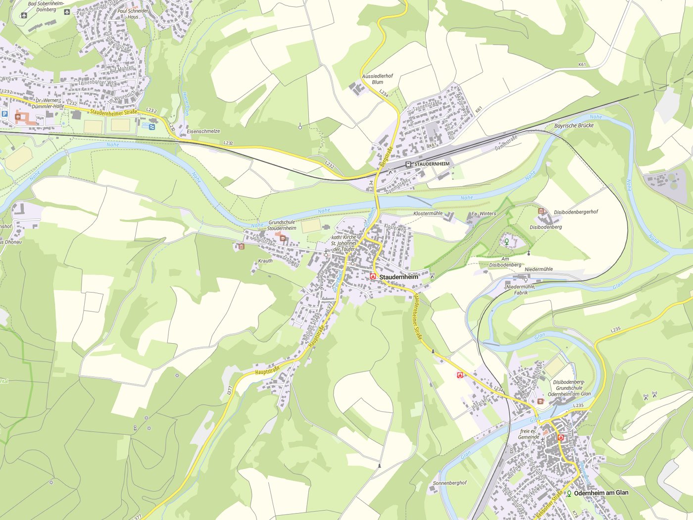Kartenausschnitt Staudernheim mit Gewässern