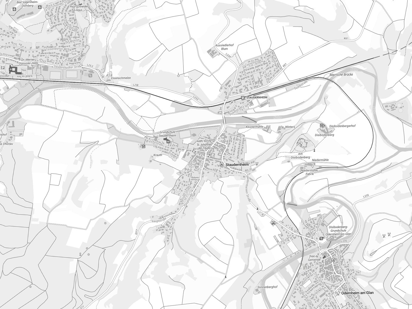 Kartenausschnitt Staudernheim mit Gewässern