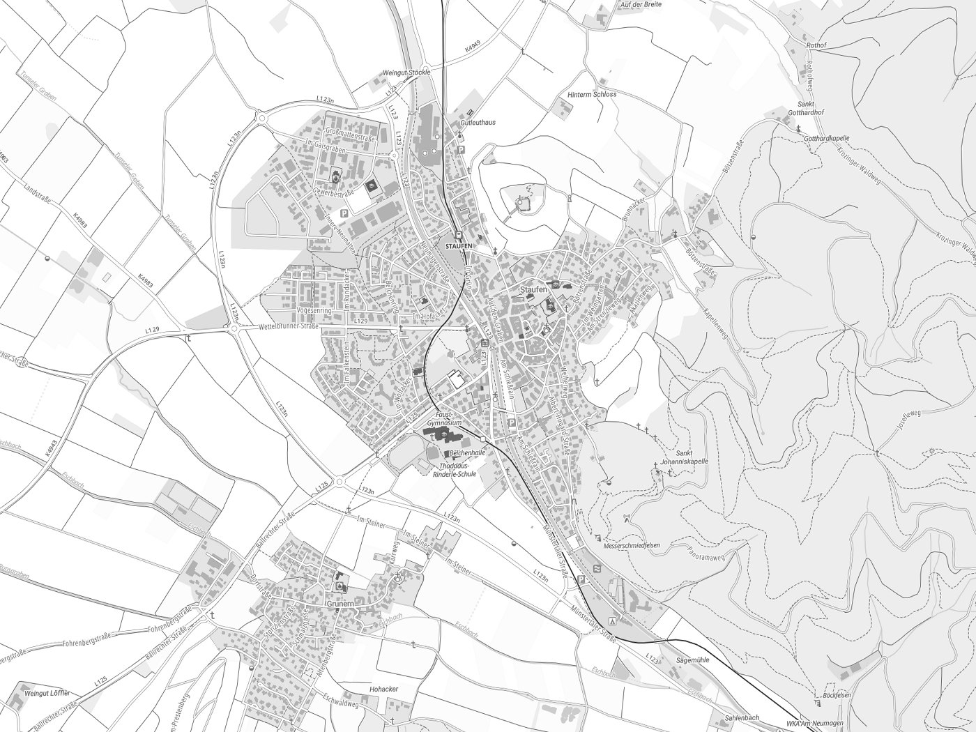 Kartenausschnitt Staufen im Breisgau mit Gewässern