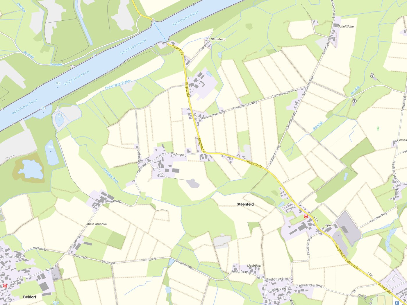 Kartenausschnitt Steenfeld mit Gewässern
