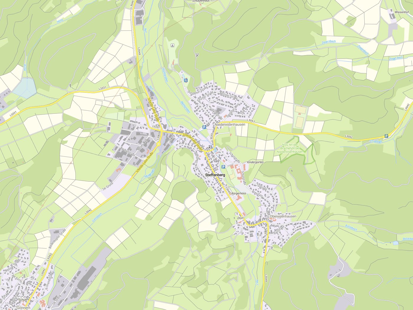 Kartenausschnitt Steffenberg mit Gewässern