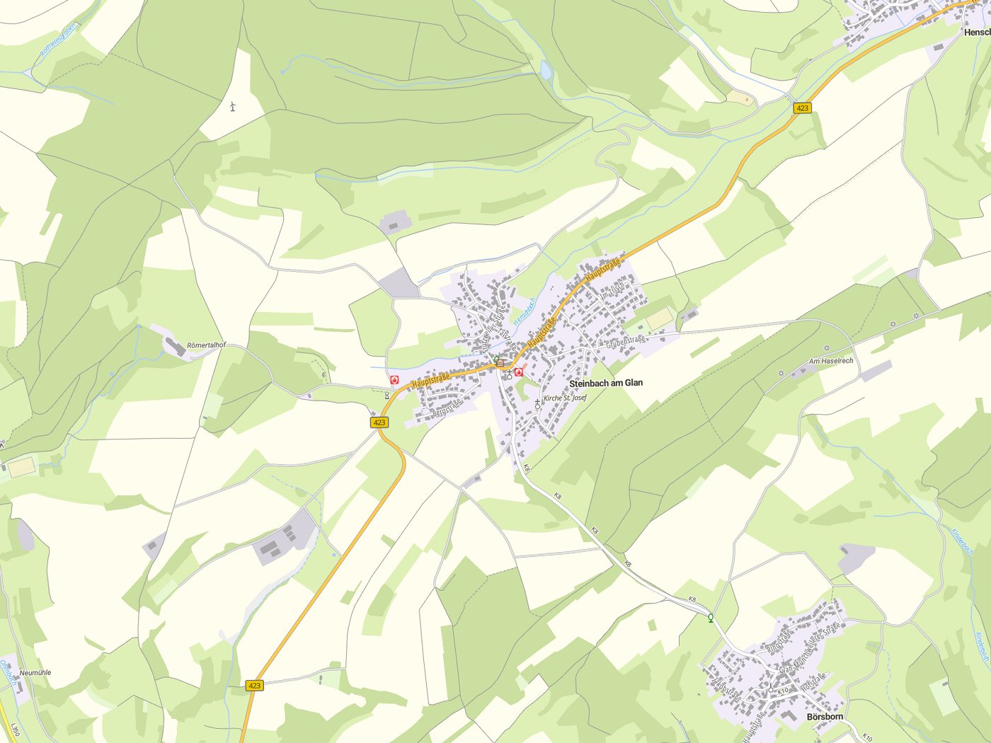 Kartenausschnitt Steinbach am Glan mit Gewässern