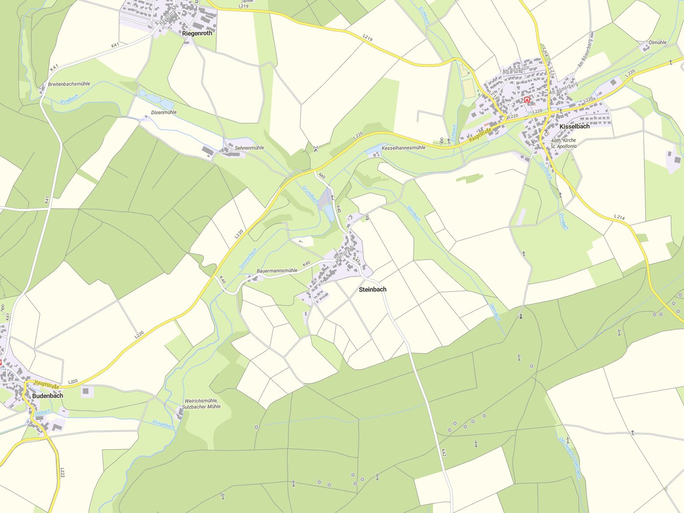 Kartenausschnitt Steinbach mit Gewässern