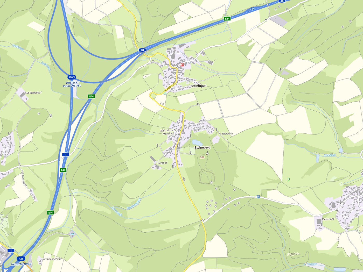 Kartenausschnitt Steineberg mit Gewässern