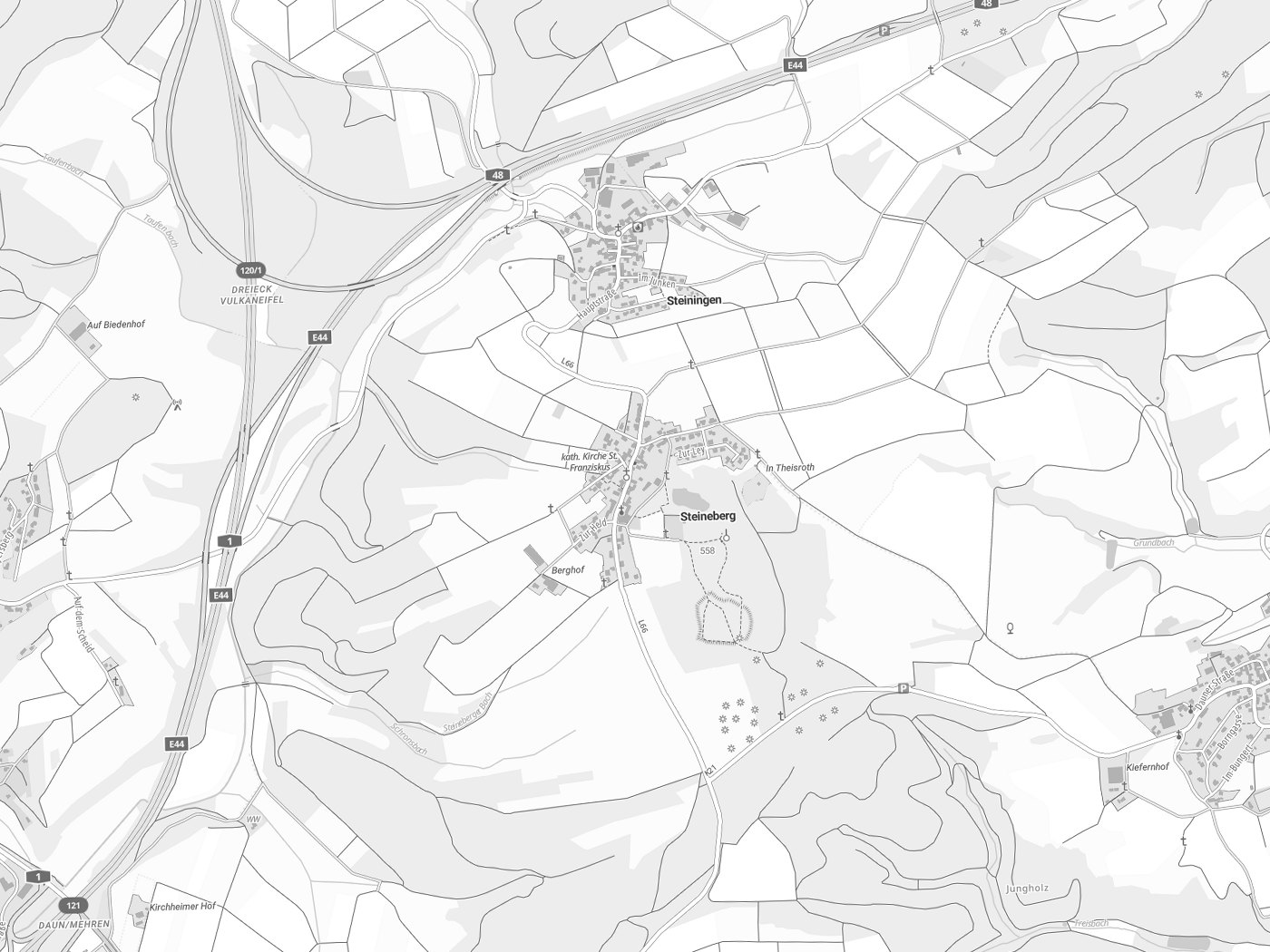Kartenausschnitt Steineberg mit Gewässern