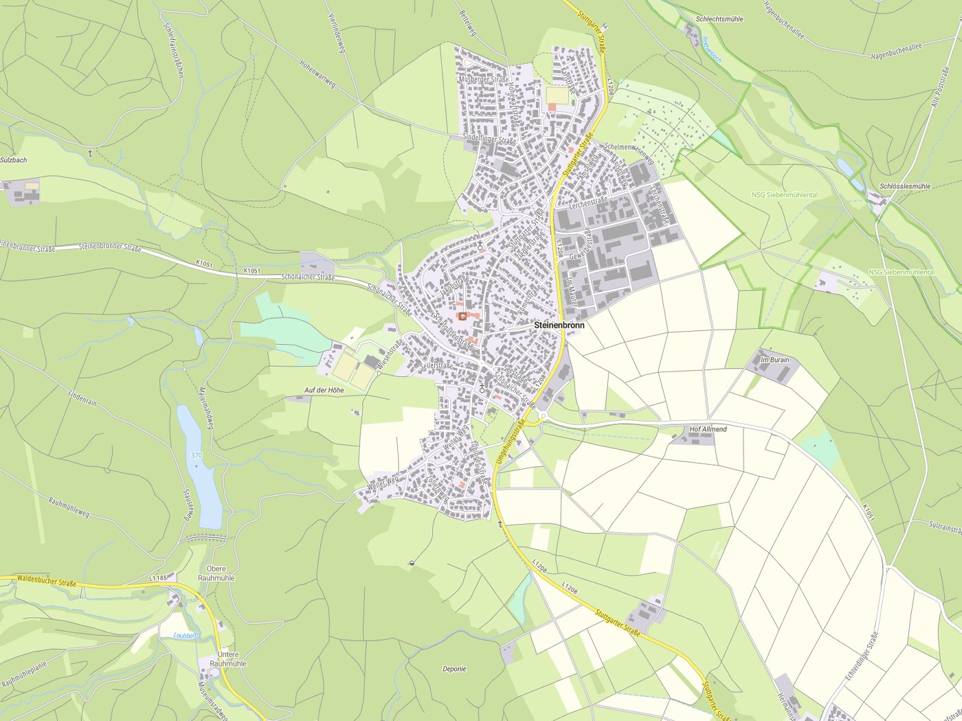 Kartenausschnitt Steinenbronn mit Gewässern