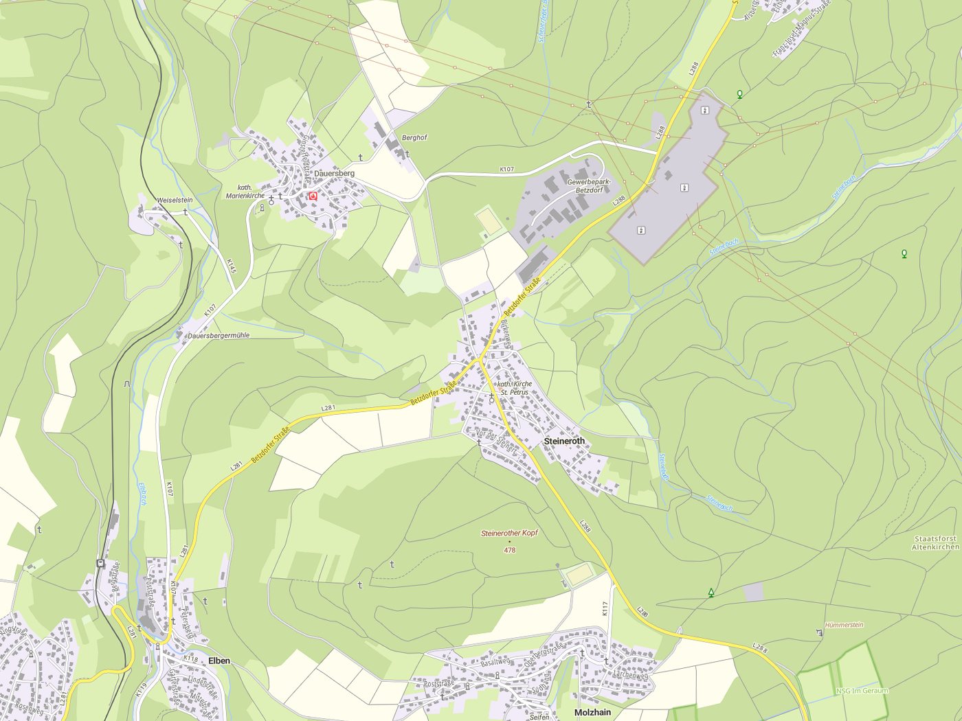 Kartenausschnitt Steineroth mit Gewässern