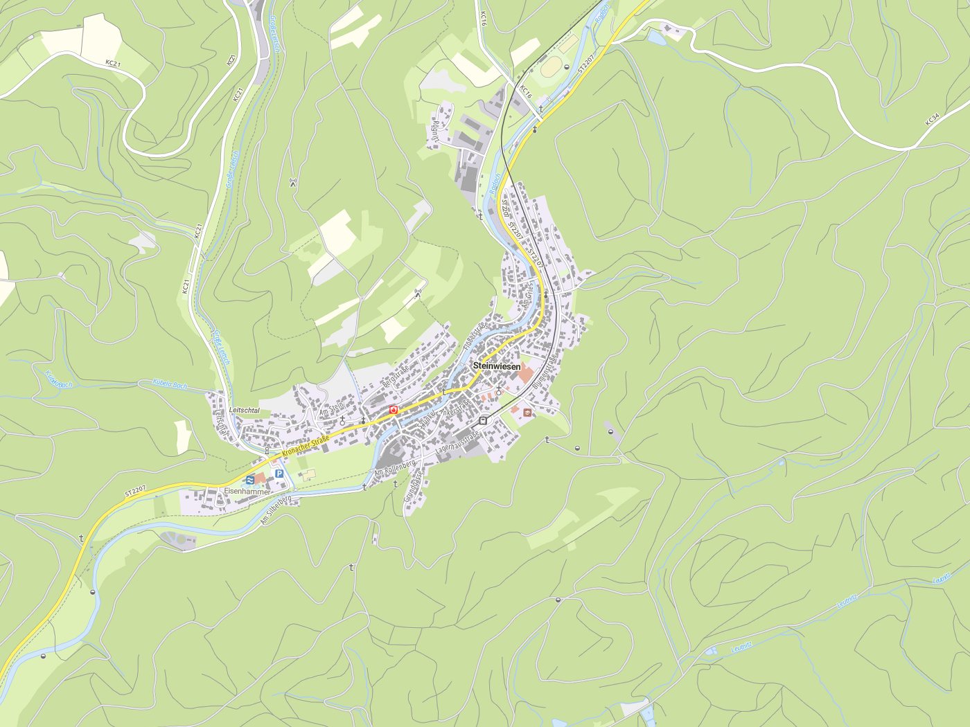 Kartenausschnitt Steinwiesen mit Gewässern