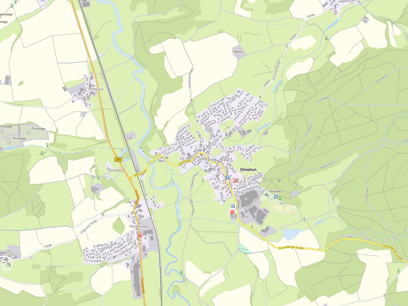 Kartenausschnitt Stimpfach mit Gewässern