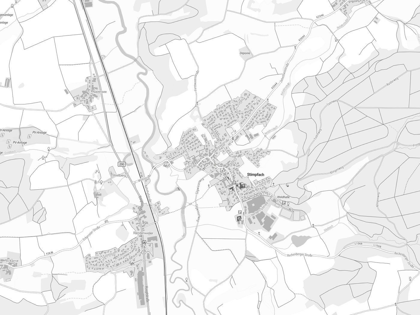 Kartenausschnitt Stimpfach mit Gewässern