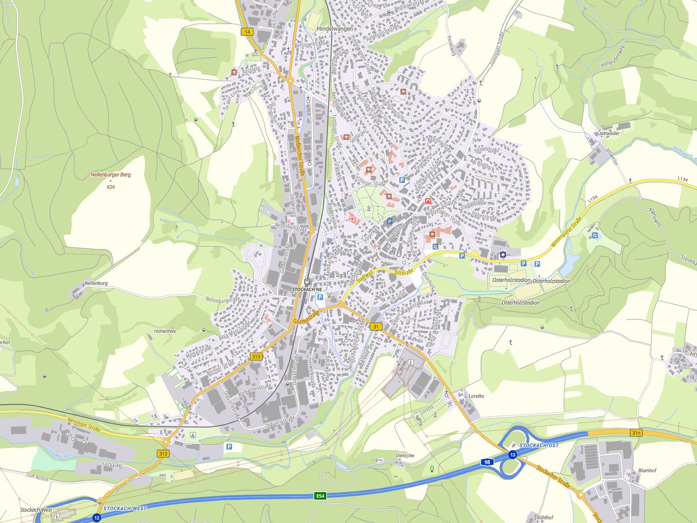 Kartenausschnitt Stockach mit Gewässern