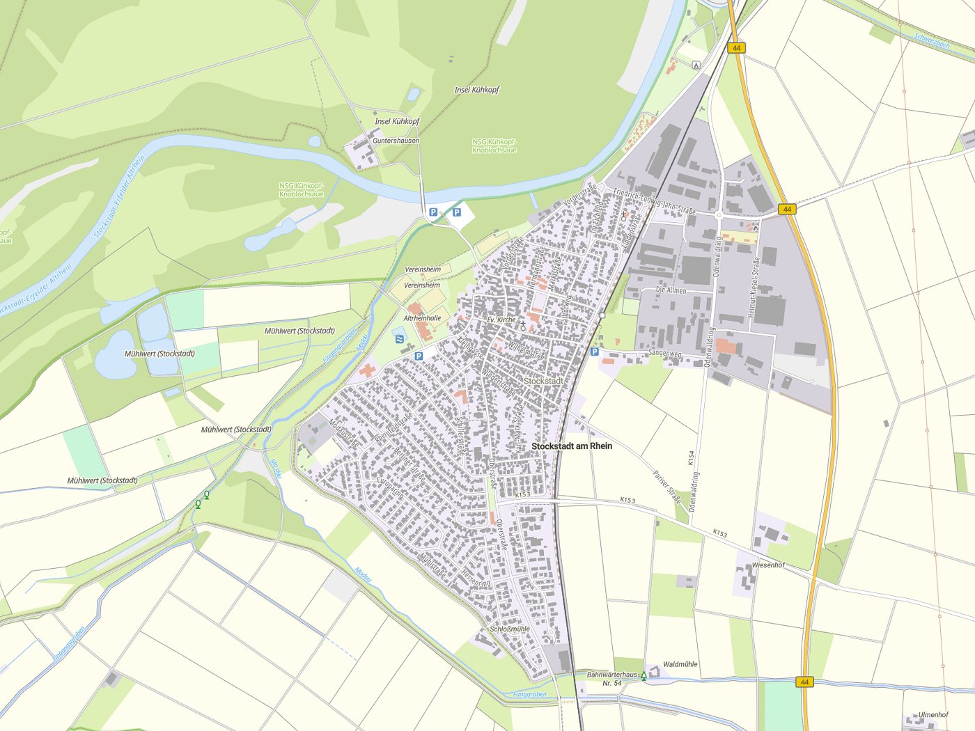 Kartenausschnitt Stockstadt am Rhein mit Gewässern