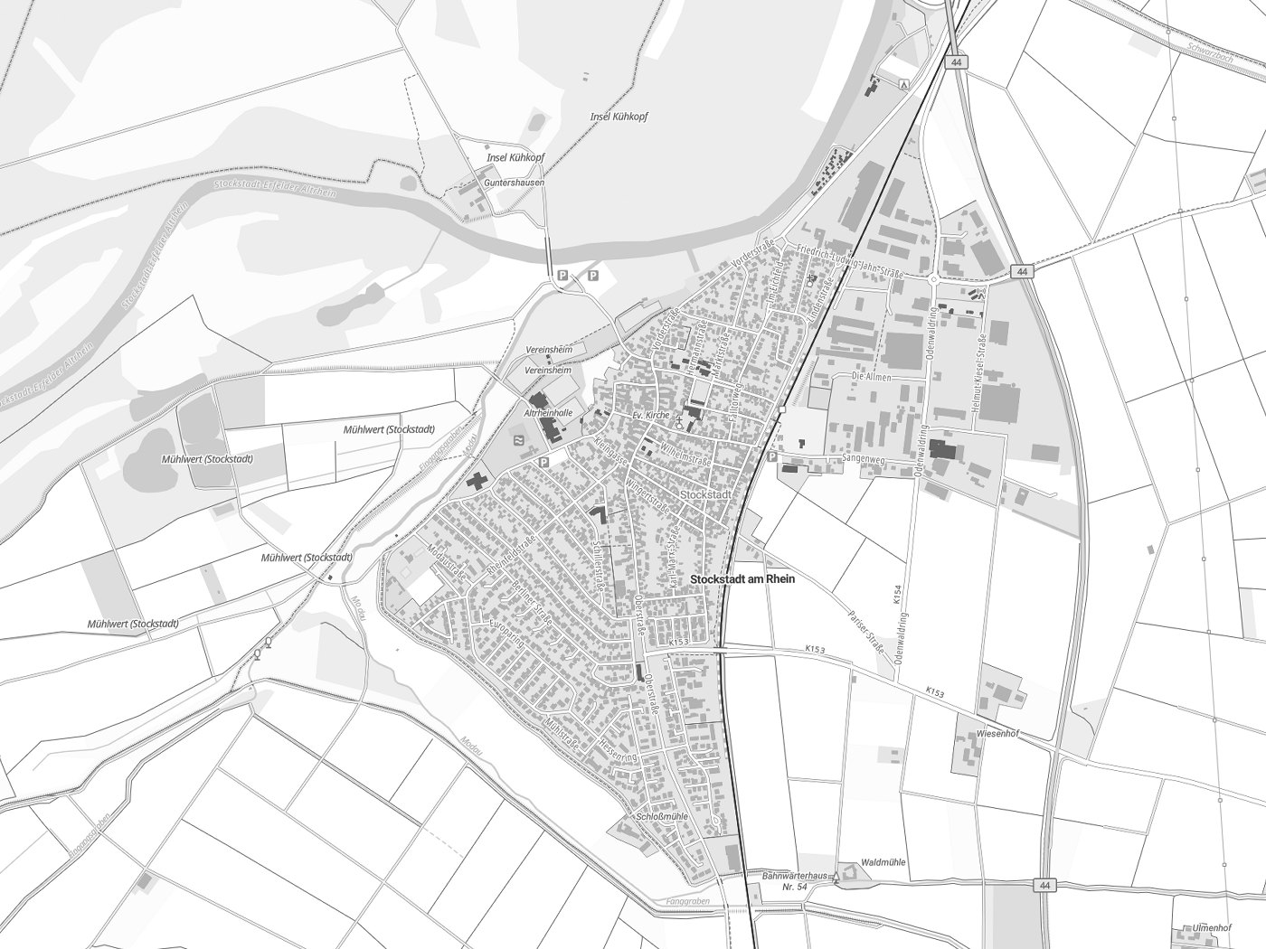 Kartenausschnitt Stockstadt am Rhein mit Gewässern