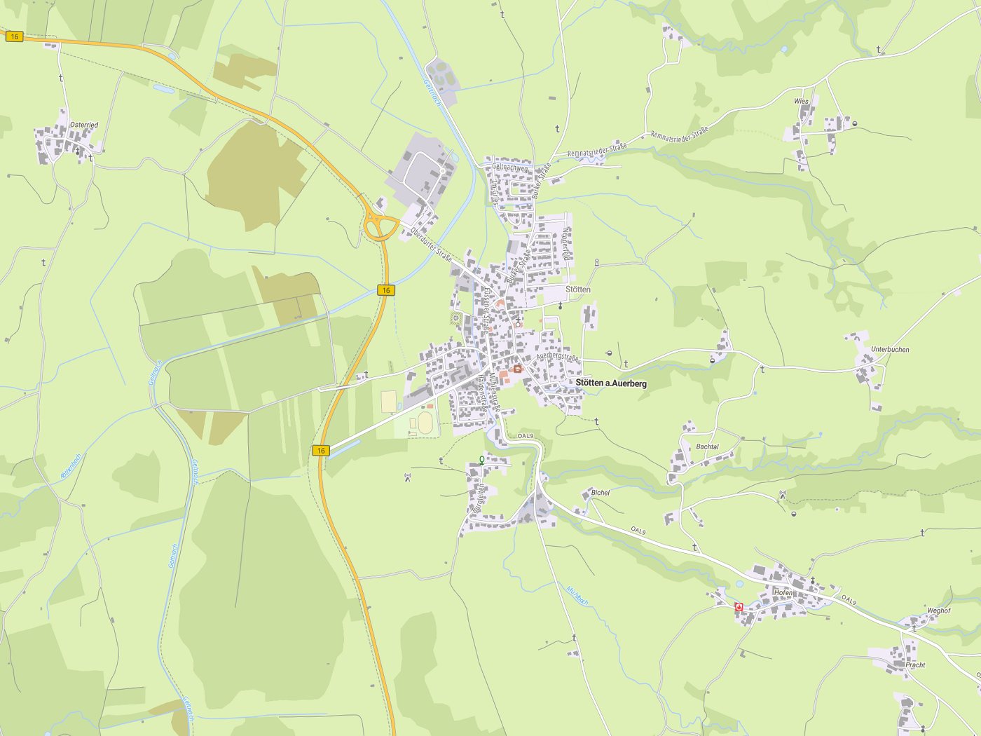 Kartenausschnitt Stötten a.Auerberg mit Gewässern