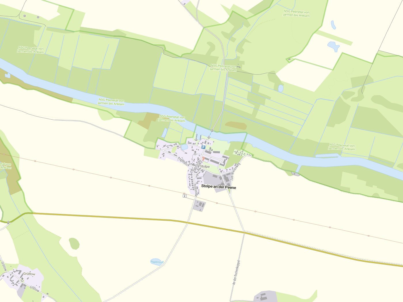 Kartenausschnitt Stolpe an der Peene mit Gewässern