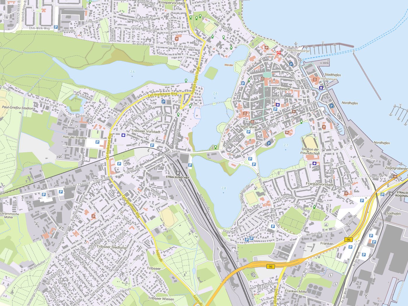 Kartenausschnitt Stralsund mit Gewässern