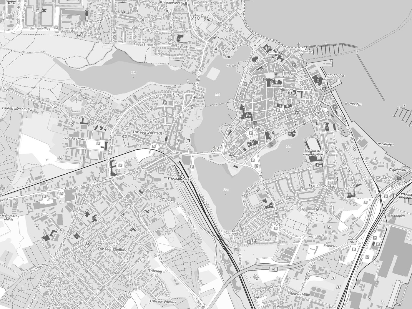 Kartenausschnitt Stralsund mit Gewässern