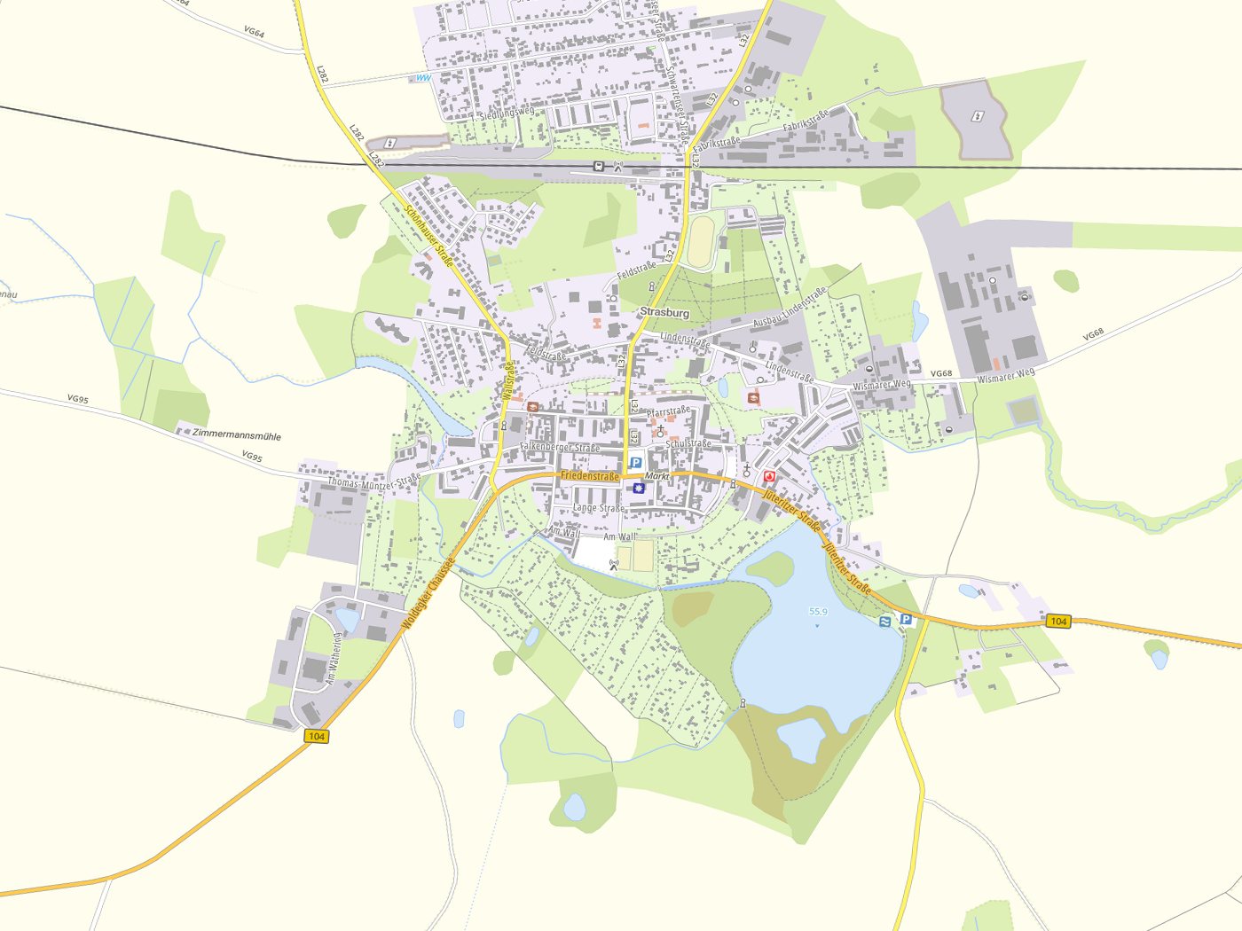Kartenausschnitt Strasburg (Uckermark) mit Gewässern