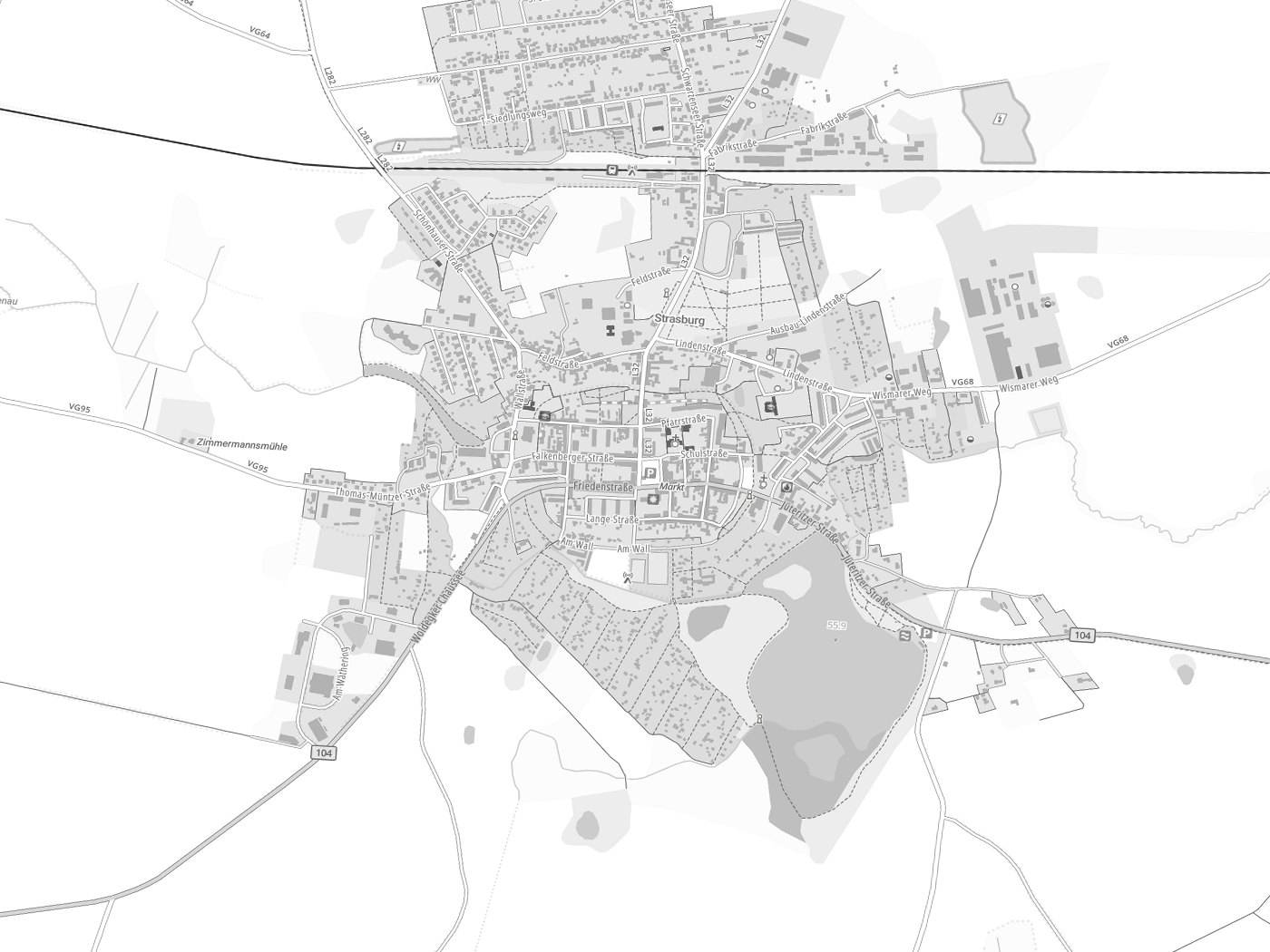 Kartenausschnitt Strasburg (Uckermark) mit Gewässern