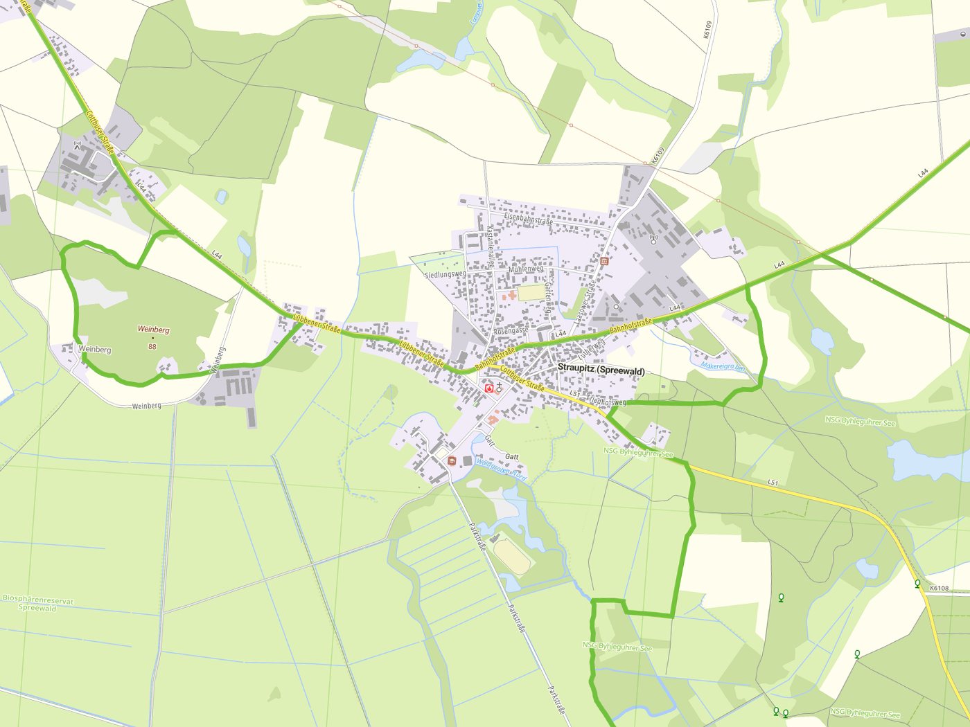 Kartenausschnitt Straupitz (Spreewald)/Tšupc (Błota) mit Gewässern