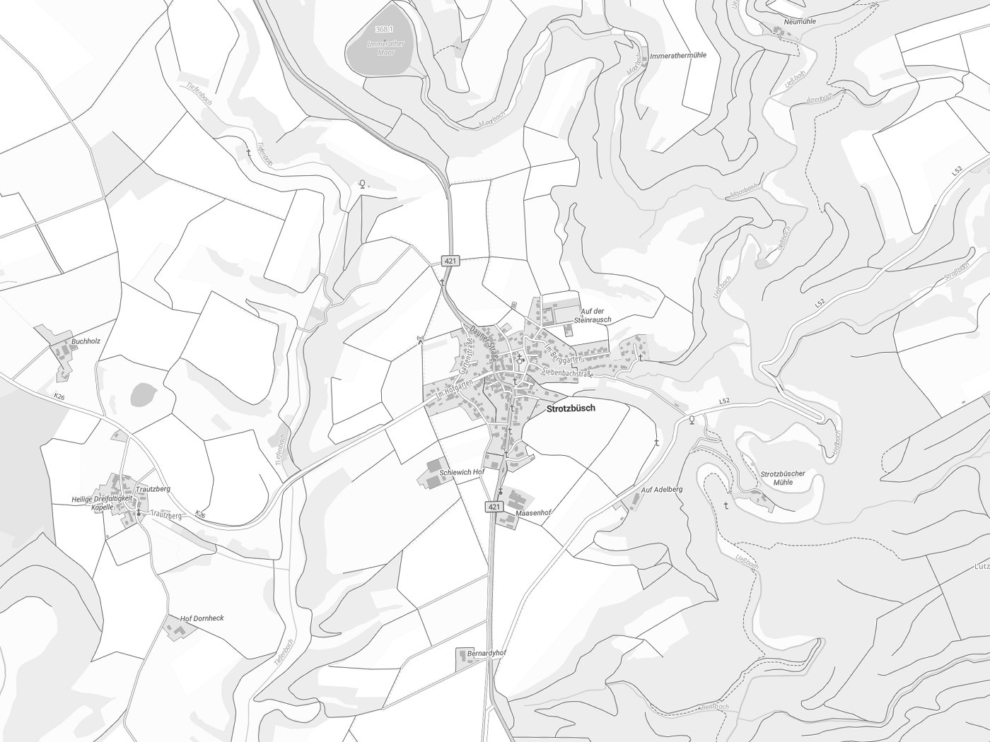 Kartenausschnitt Strotzbüsch mit Gewässern