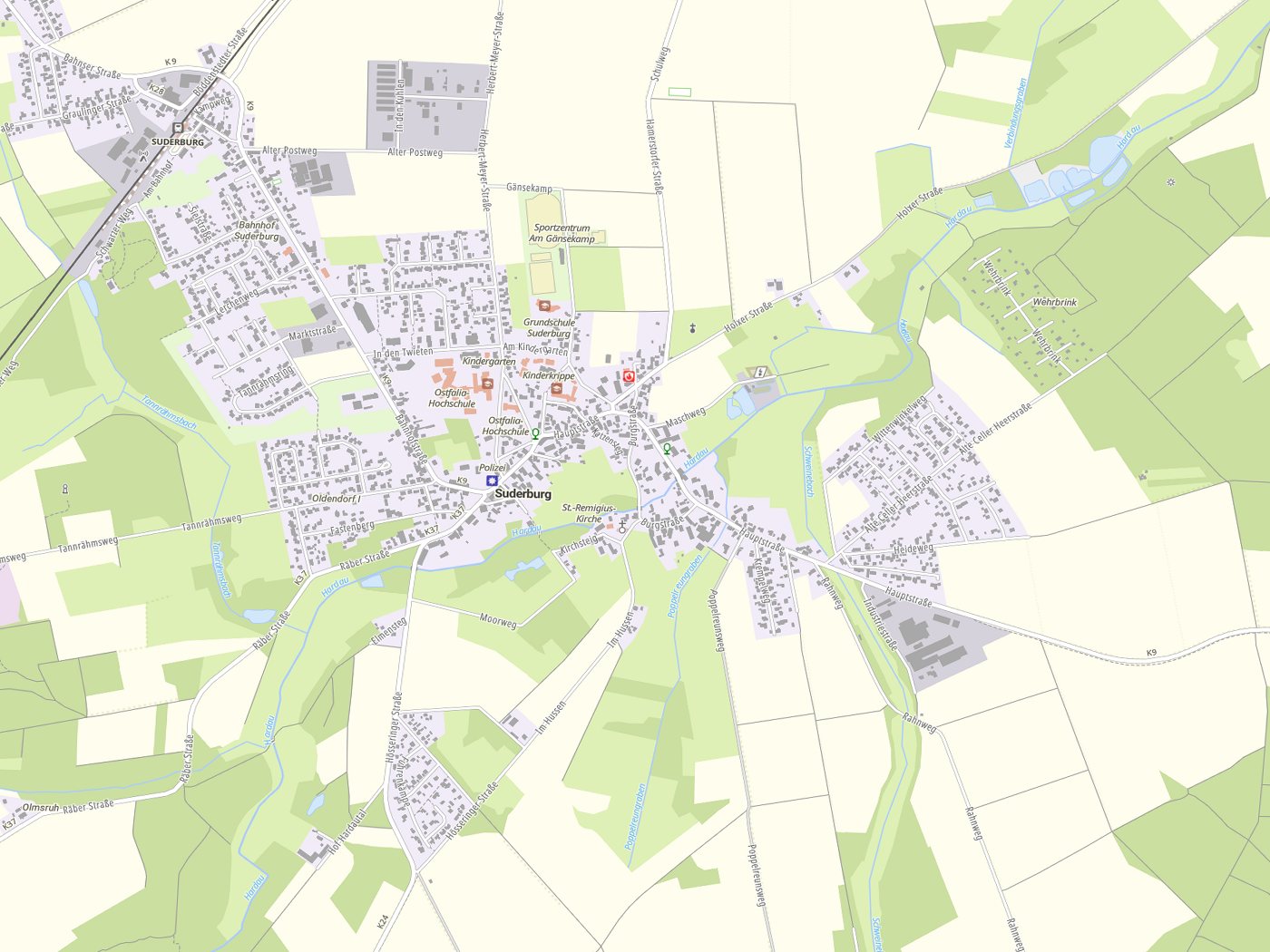 Kartenausschnitt Suderburg mit Gewässern