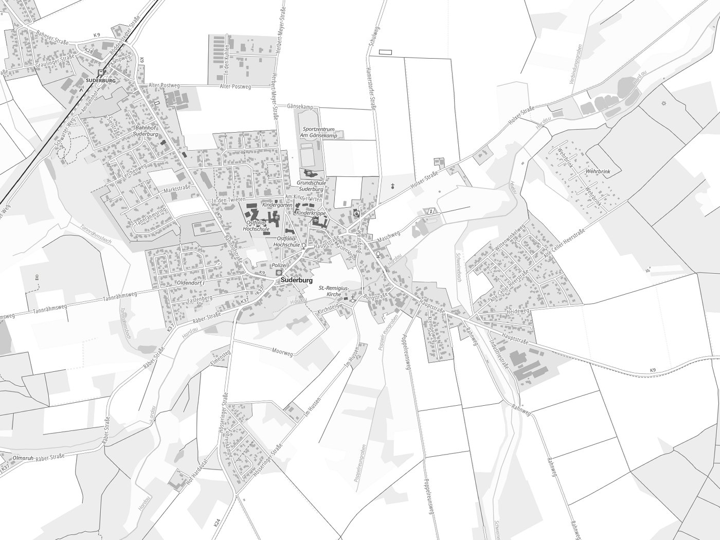 Kartenausschnitt Suderburg mit Gewässern