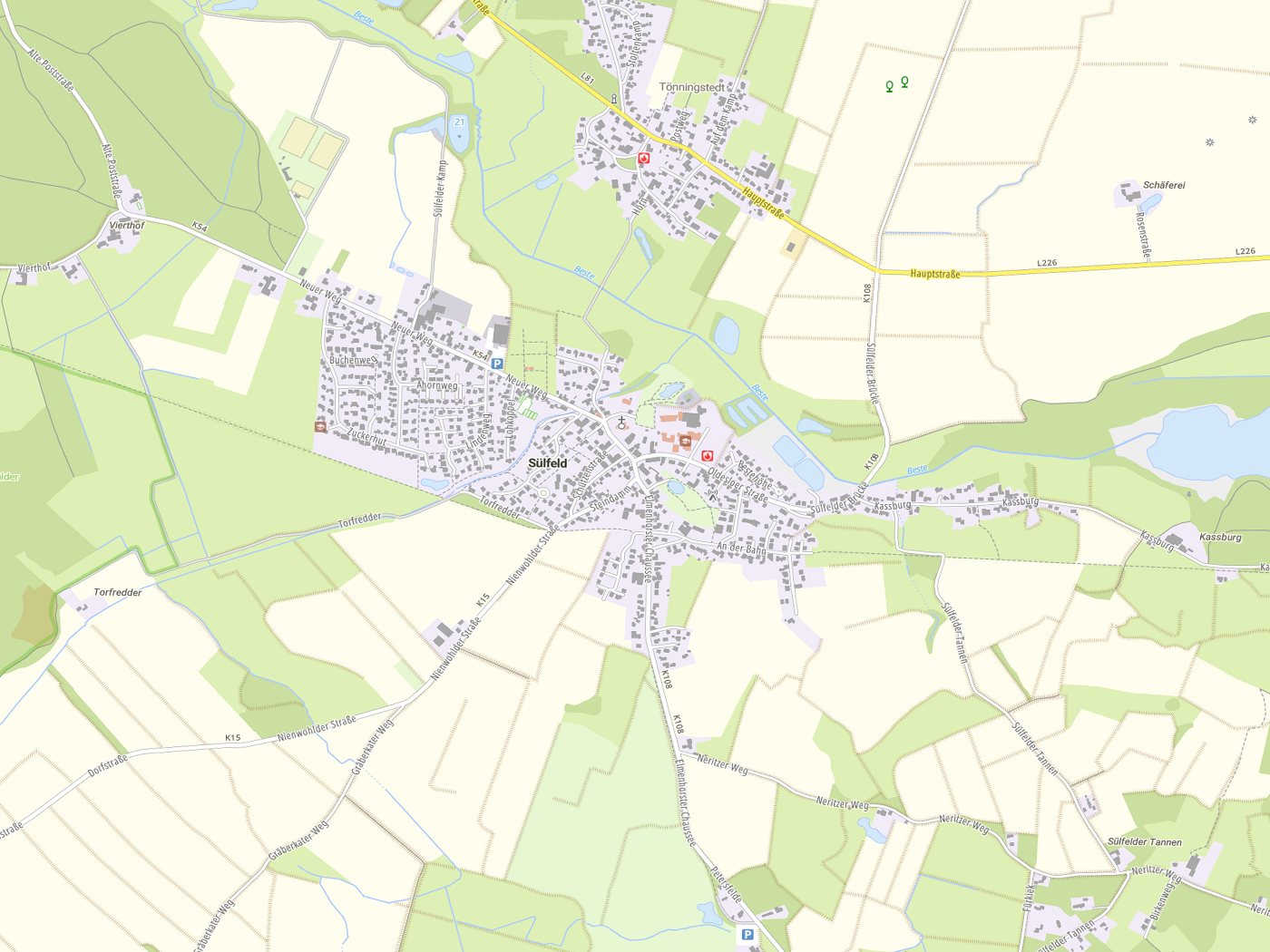 Kartenausschnitt Sülfeld mit Gewässern
