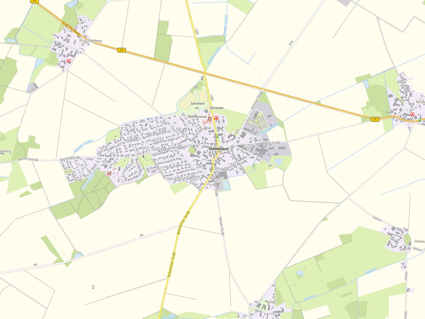 Kartenausschnitt Suhlendorf mit Gewässern