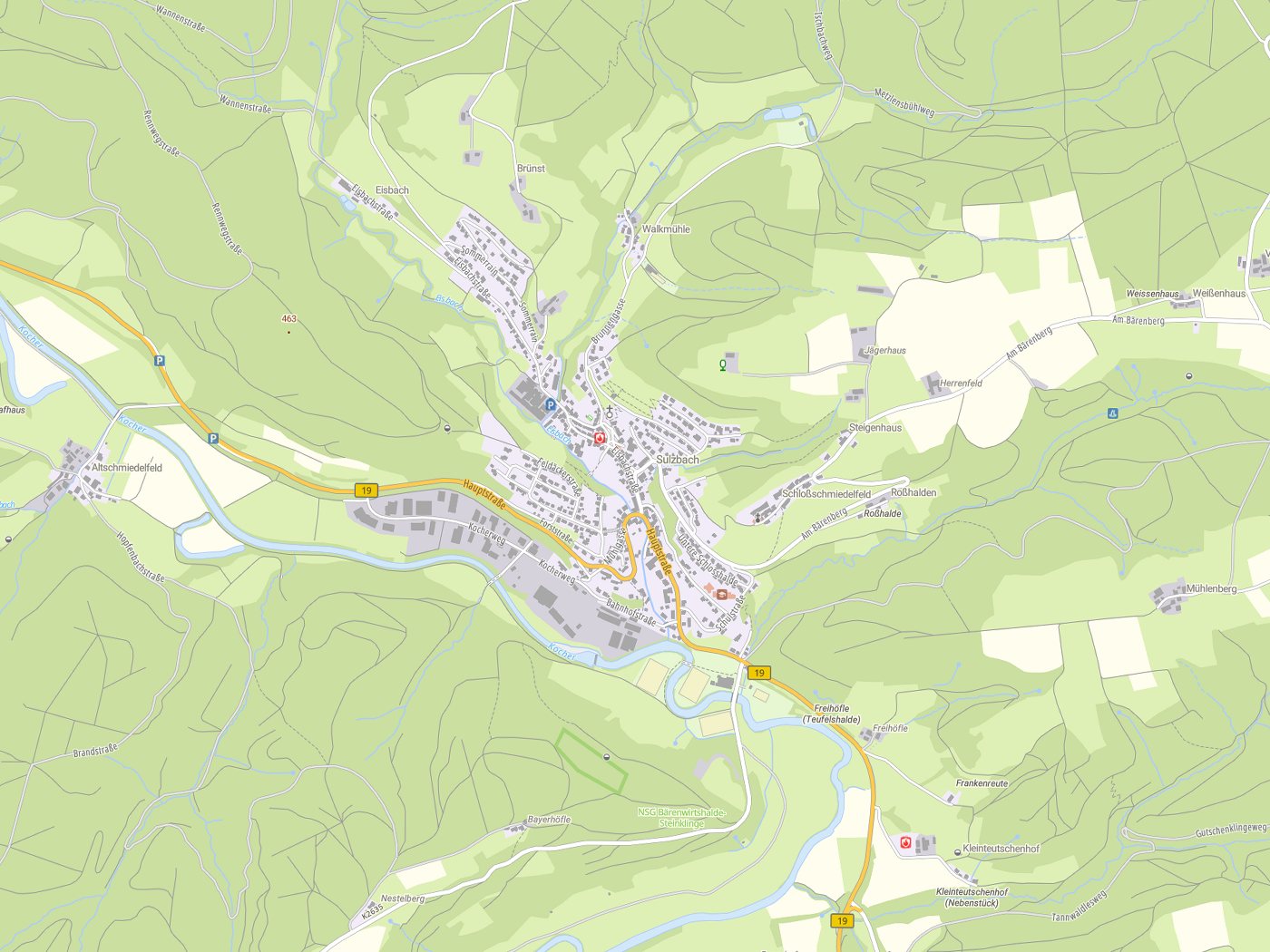 Kartenausschnitt Sulzbach-Laufen mit Gewässern