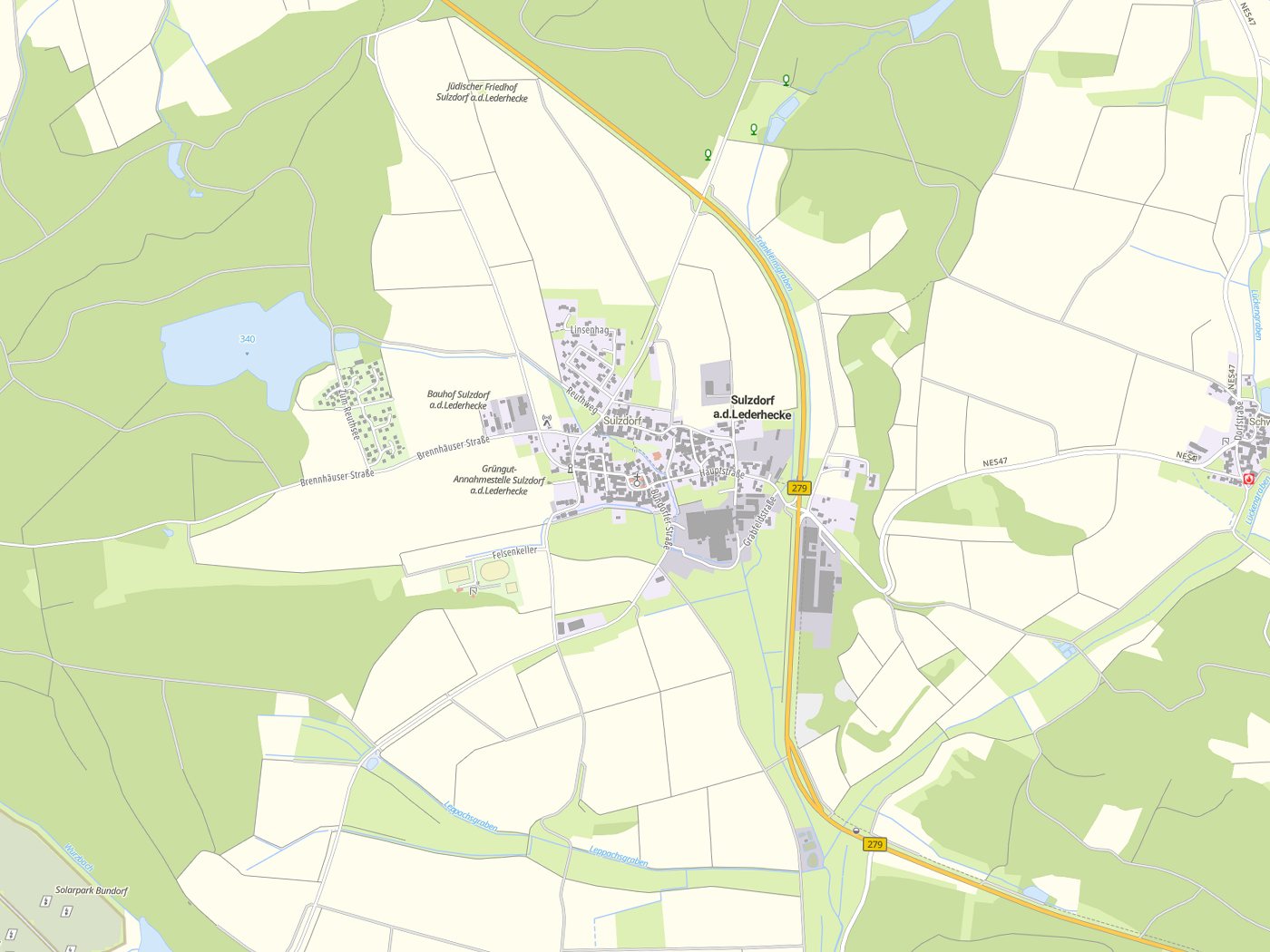 Kartenausschnitt Sulzdorf a.d.Lederhecke mit Gewässern