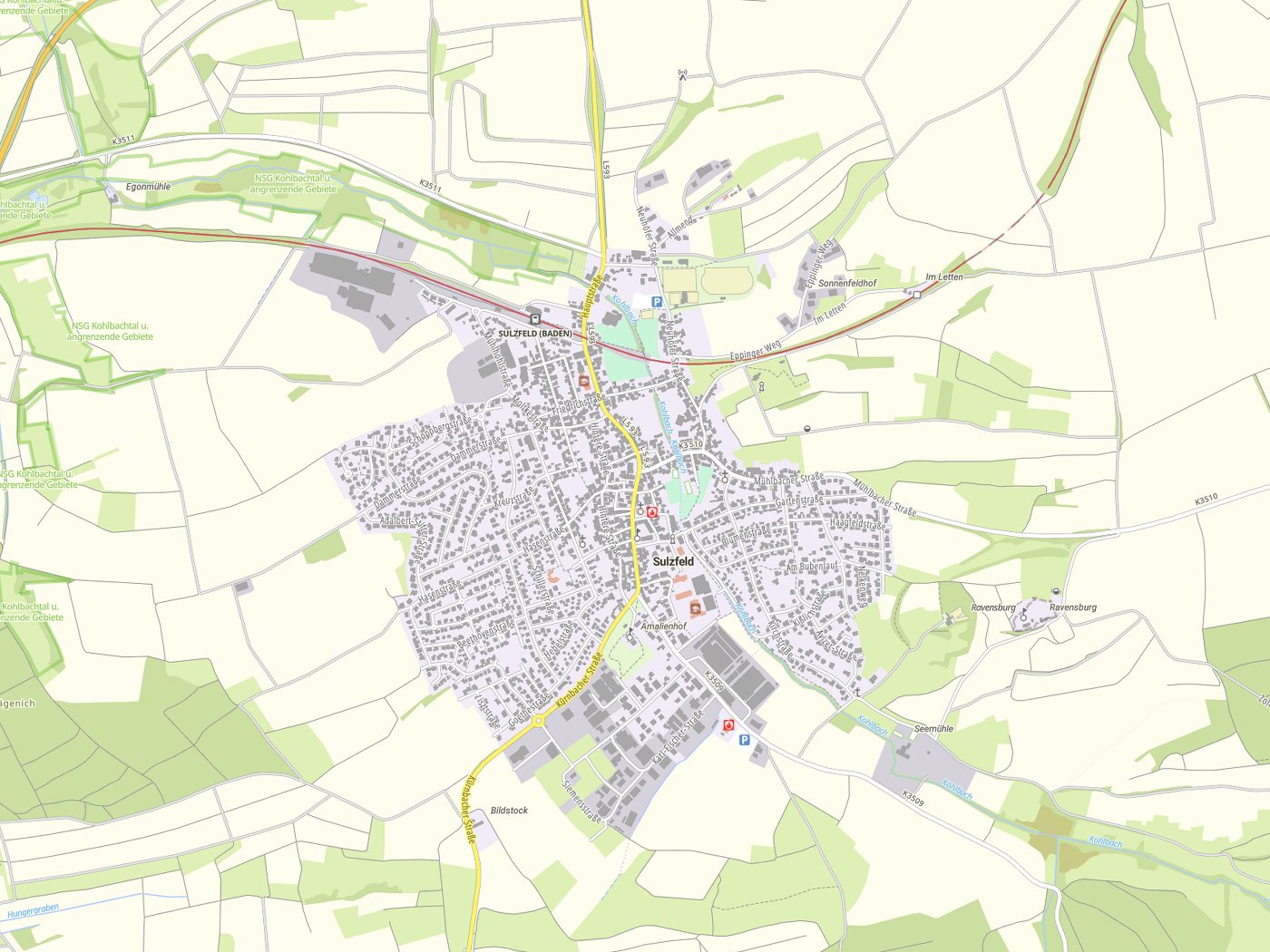 Kartenausschnitt Sulzfeld mit Gewässern