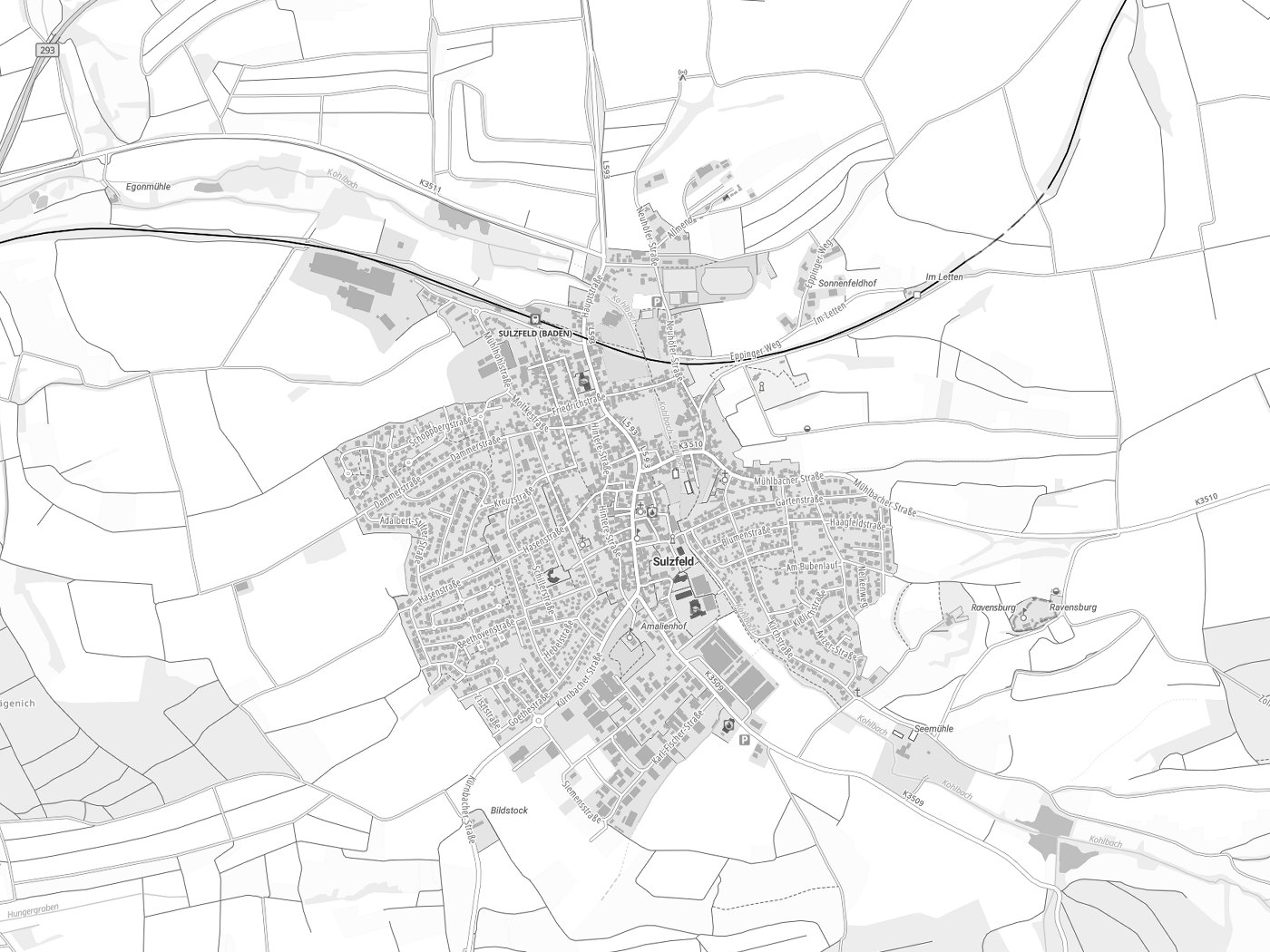 Kartenausschnitt Sulzfeld mit Gewässern