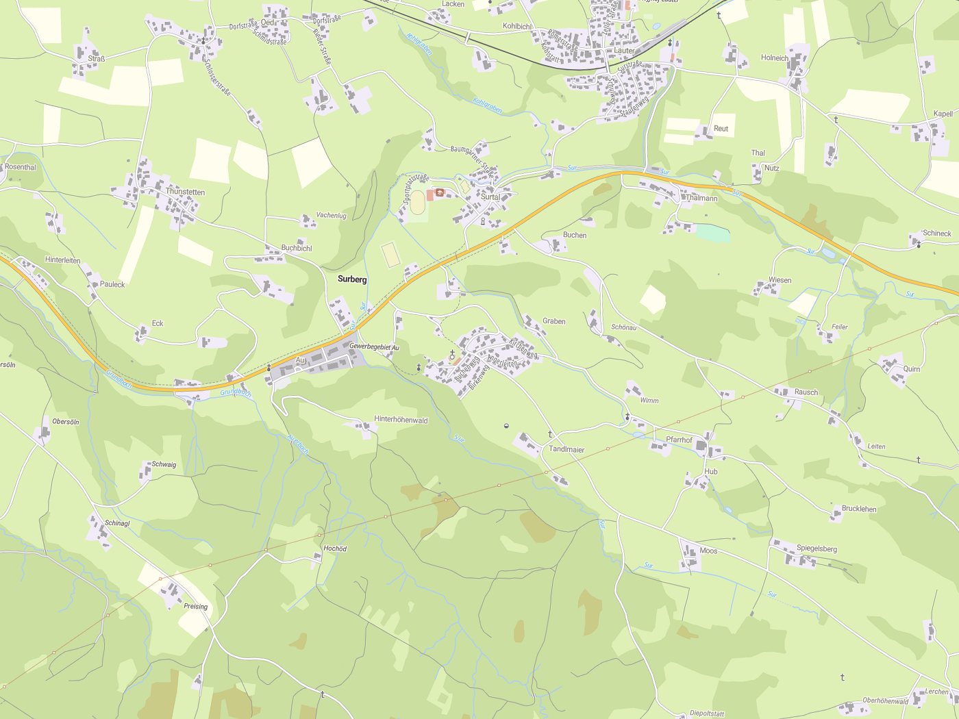 Kartenausschnitt Surberg mit Gewässern