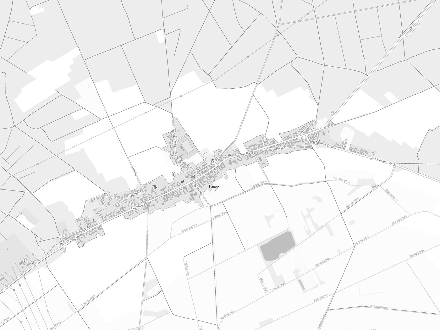 Kartenausschnitt Tauer/Turjej mit Gewässern