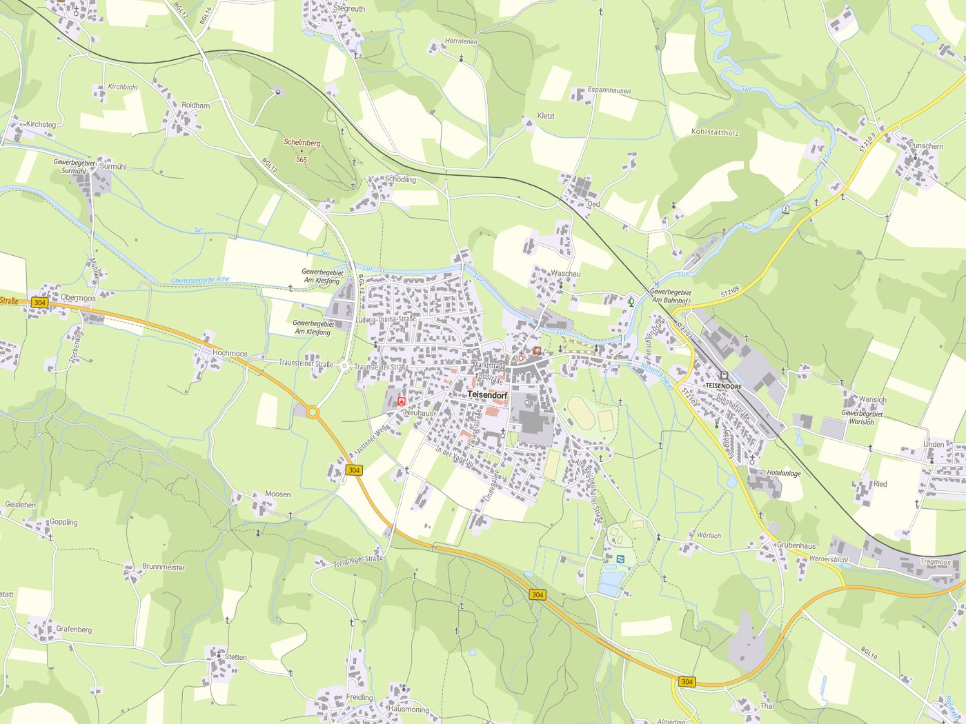 Kartenausschnitt Teisendorf mit Gewässern