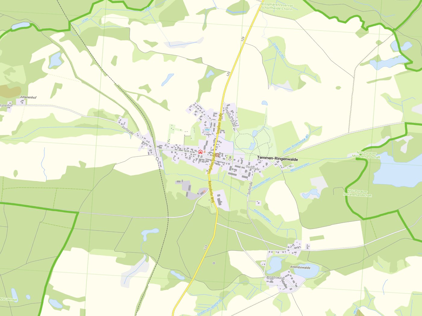 Kartenausschnitt Temmen-Ringenwalde mit Gewässern