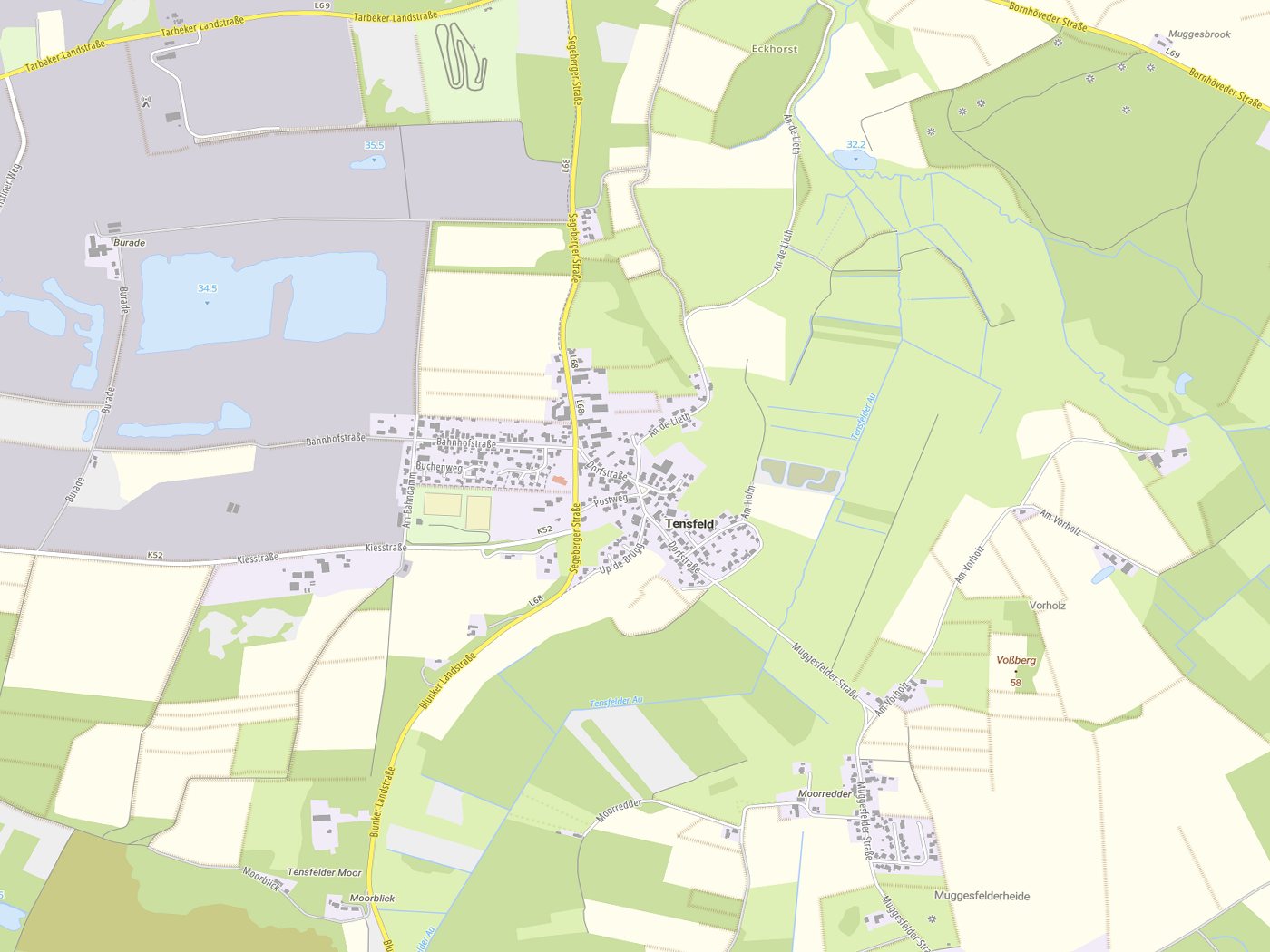 Kartenausschnitt Tensfeld mit Gewässern