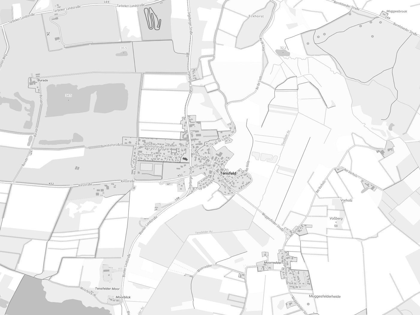 Kartenausschnitt Tensfeld mit Gewässern