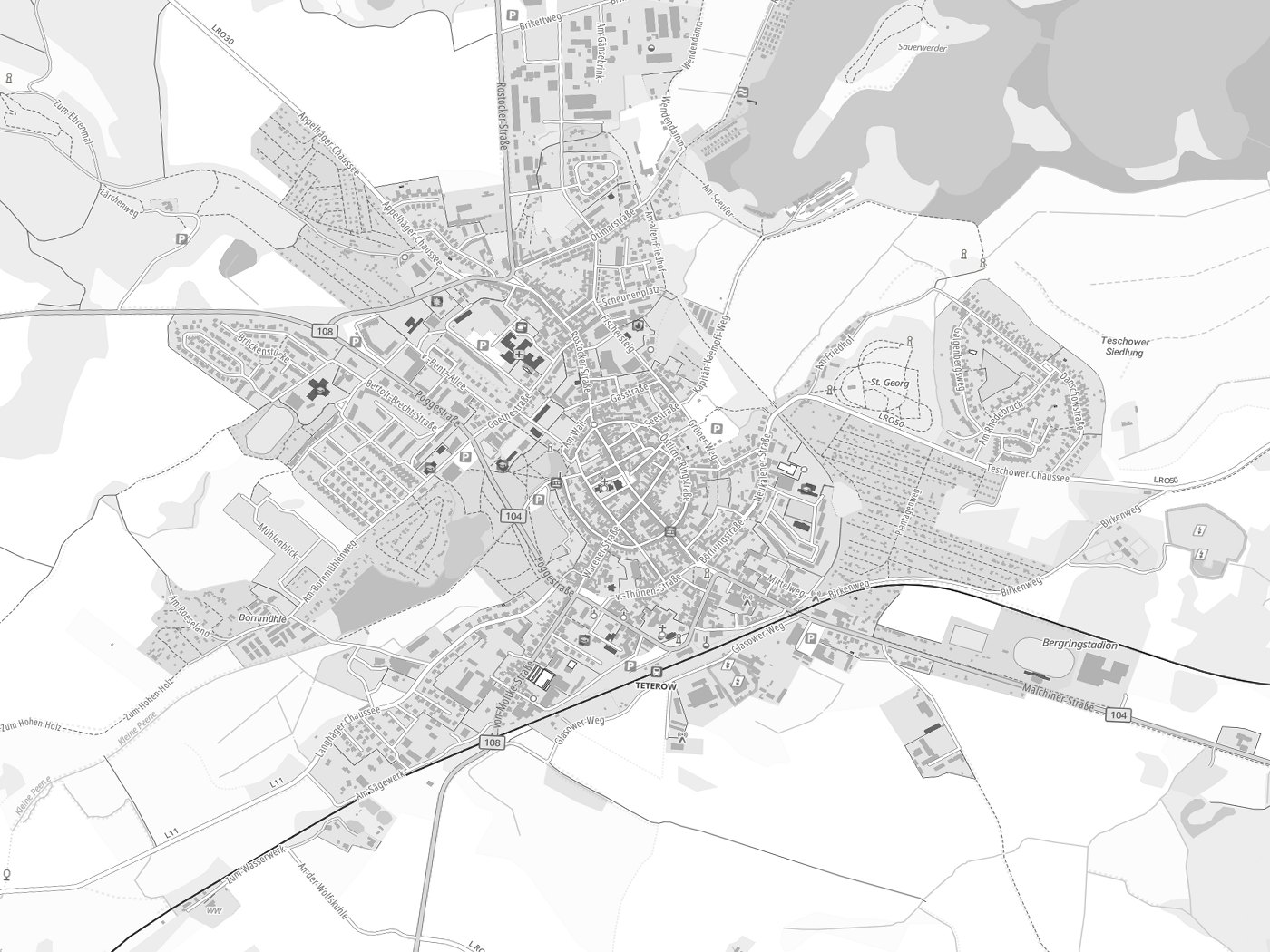 Kartenausschnitt Teterow mit Gewässern