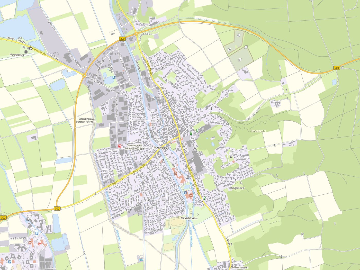 Kartenausschnitt Thannhausen mit Gewässern