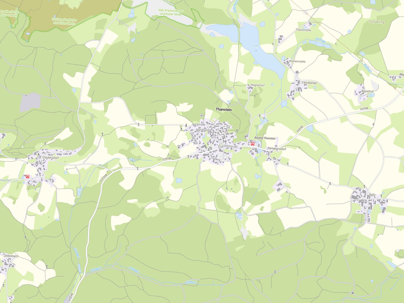 Kartenausschnitt Thanstein mit Gewässern