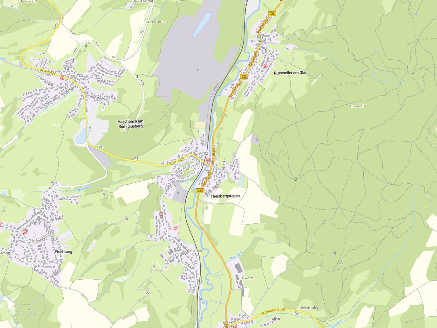 Kartenausschnitt Theisbergstegen mit Gewässern
