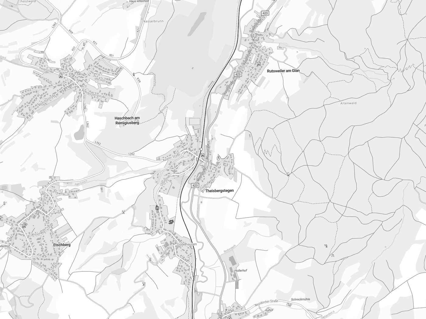 Kartenausschnitt Theisbergstegen mit Gewässern