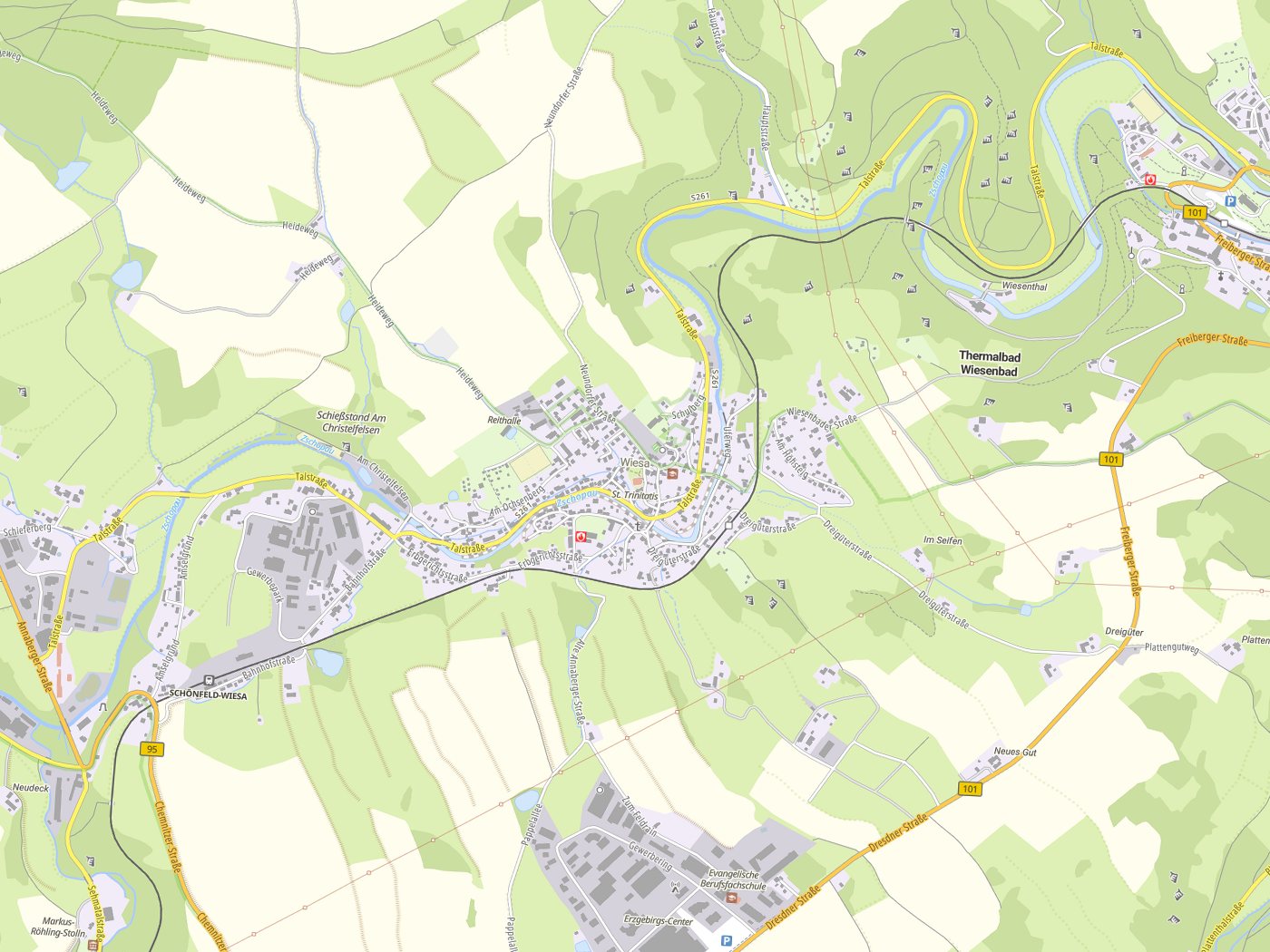 Kartenausschnitt Thermalbad Wiesenbad mit Gewässern