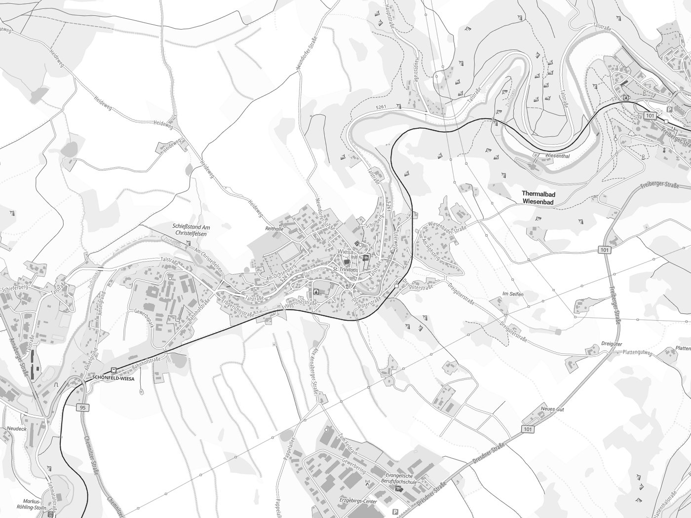Kartenausschnitt Thermalbad Wiesenbad mit Gewässern