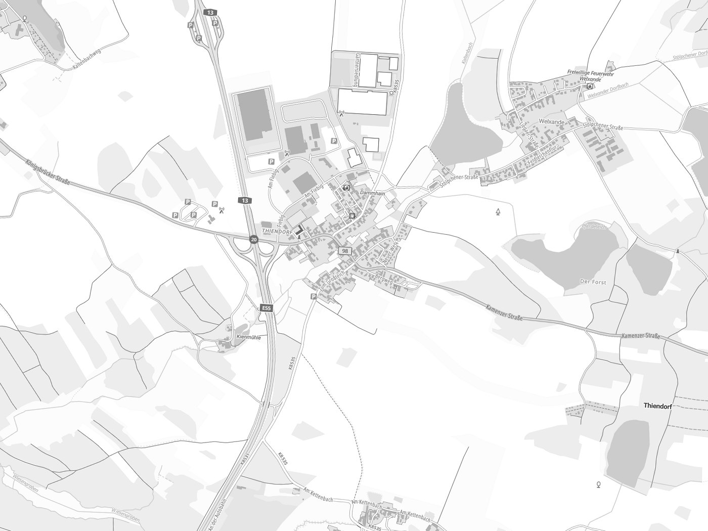 Kartenausschnitt Thiendorf mit Gewässern